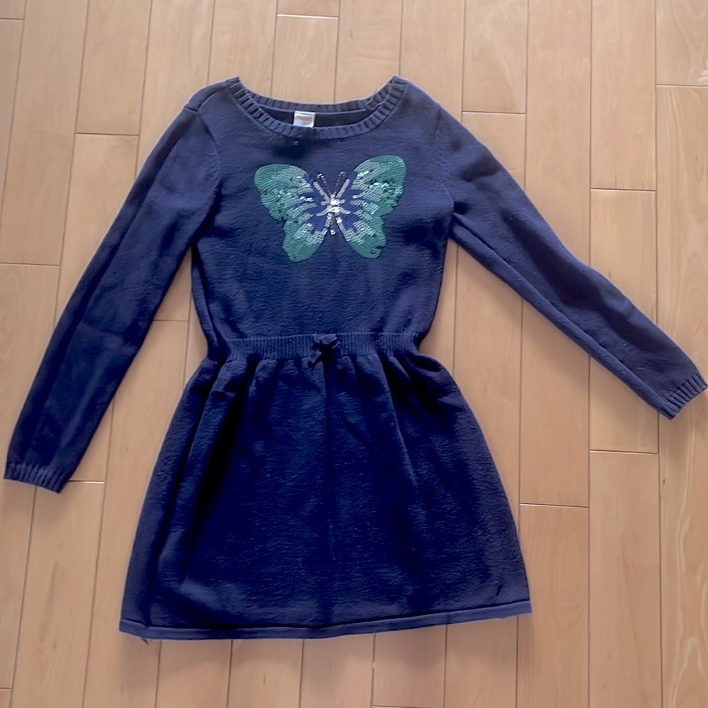 Gymboree Girls Long Sleeved Navy Dress With Sequined Butterfly Design